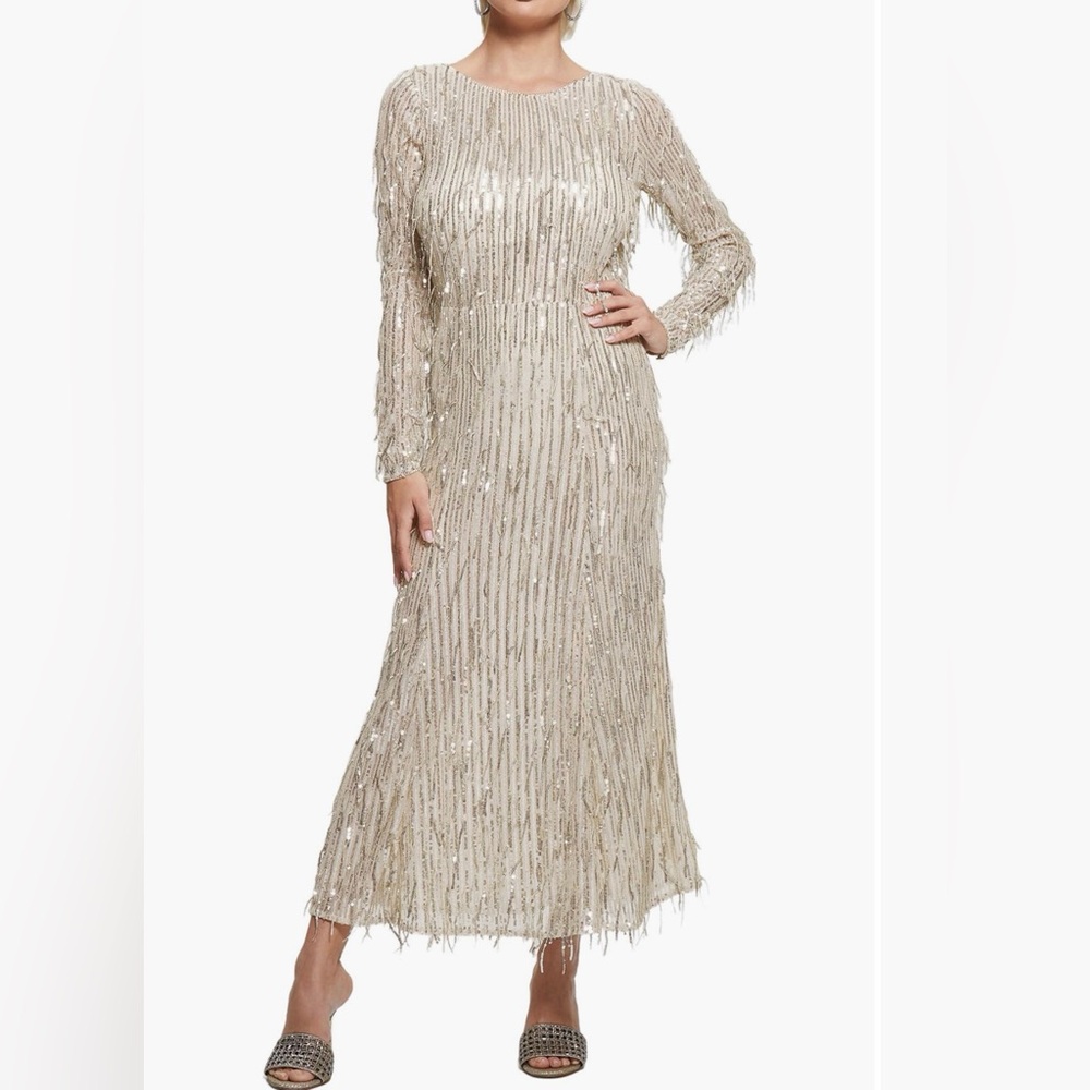 GUESS Elodie Sequin Fringe Long Sleeve MIDI Dress